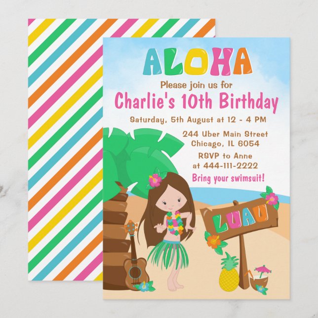 Aloha Luau Beach Birthday Brown Hair Girl Invitati Invitation (Front/Back)