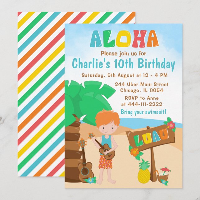 Aloha Luau Beach Birthday Red Hair Boy Invitation (Front/Back)