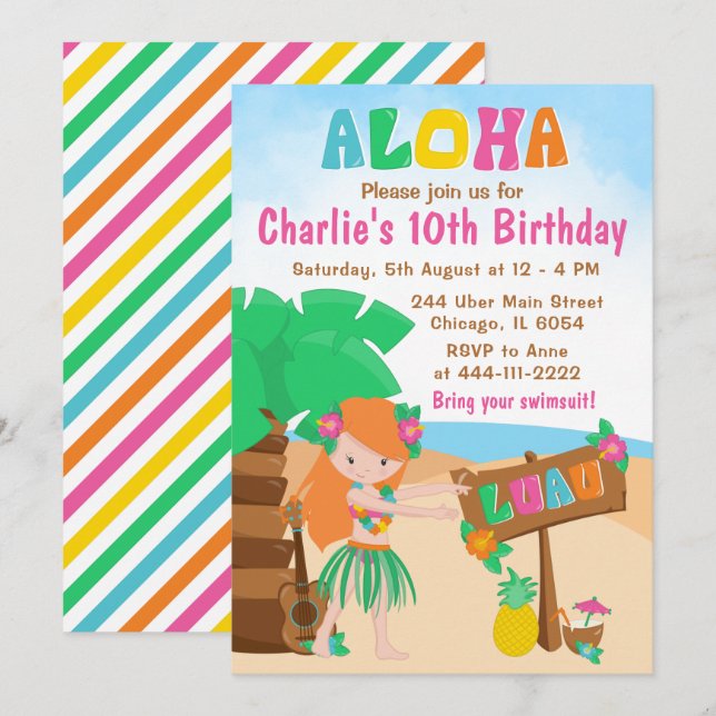 Aloha Luau Beach Birthday Red Hair Girl Invitation (Front/Back)