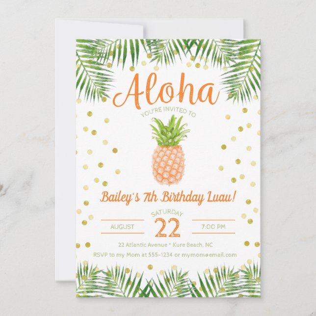 Aloha Luau Birthday Invitation Tropical Pineapple (Front)