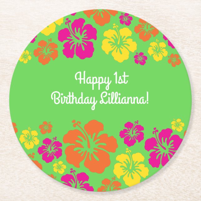 Aloha Luau Birthday Party Round Paper Coaster (Front)