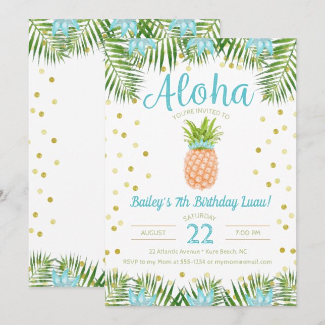 Aloha Luau Birthday Tropical Pineapple in Blue Invitation (Front/Back)