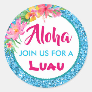 Aloha Luau Blue Glitter Tropical Hibiscus Classic Classic Round Sticker