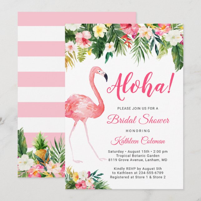 Aloha Luau Bridal Shower Tropical Floral Flamingo Invitation (Front/Back)