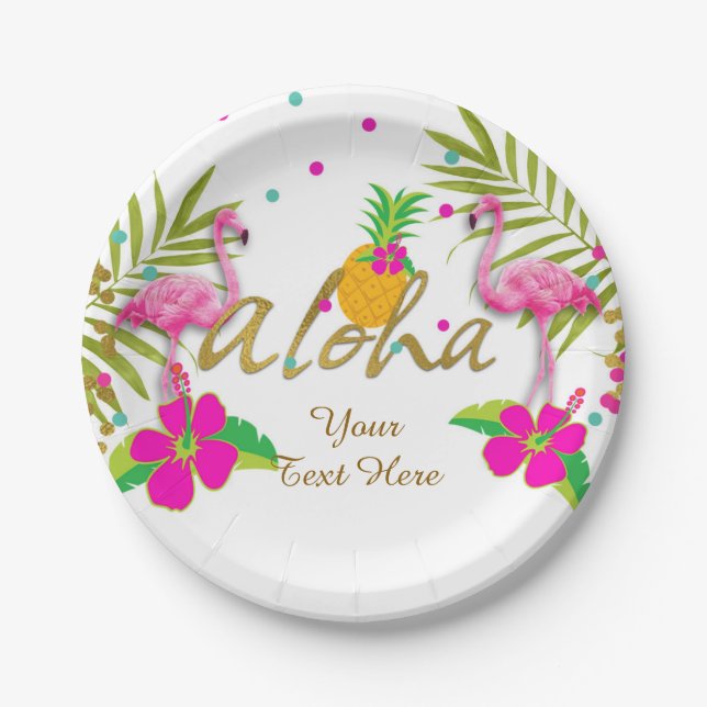 Aloha Luau Girls Tropical Flamingo Birthday Party Paper Plate (Front)