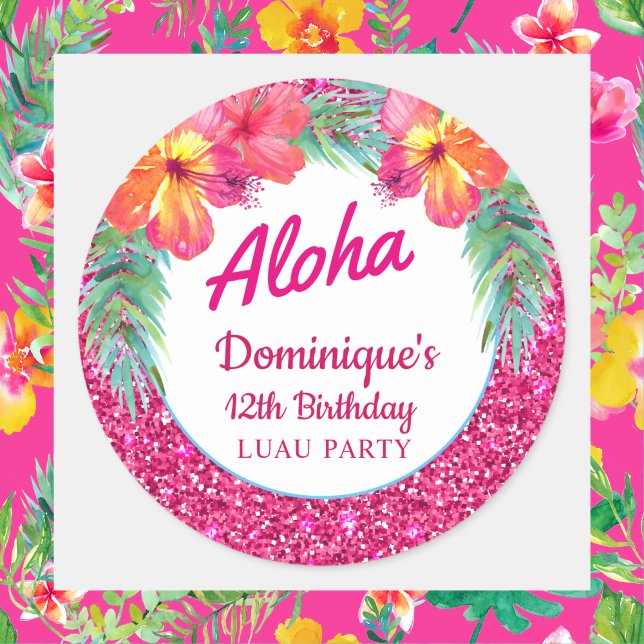 Aloha Luau Pink Glitter Tropical Hibiscus Classic Round Sticker (Creator Uploaded)