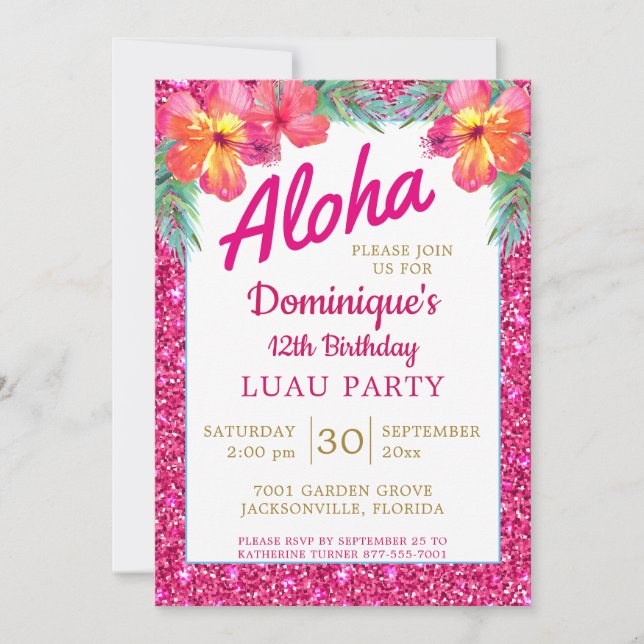 Aloha Luau Pink Glitter Tropical Hibiscus Invitation (Front)