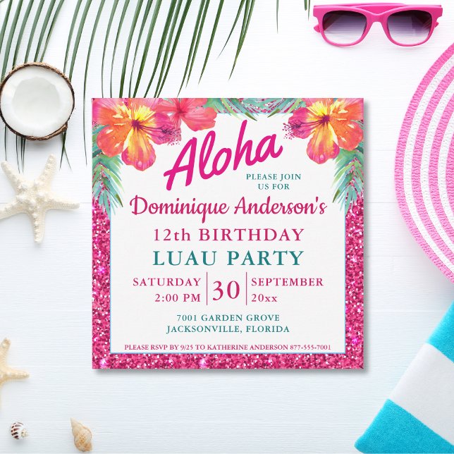 Aloha Luau Pink Glitter Tropical Hibiscus Square (Creator Uploaded)
