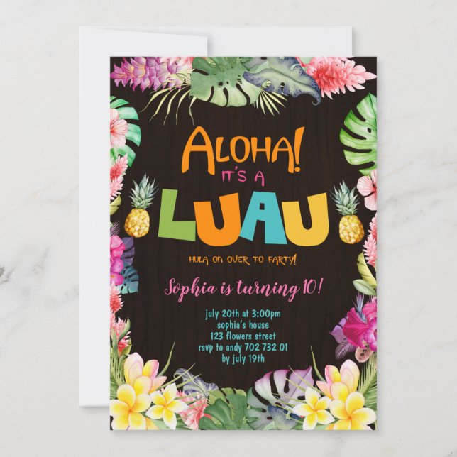 Aloha Luau Rustic Tropical Summer Girl Birthday Invitation (Front)