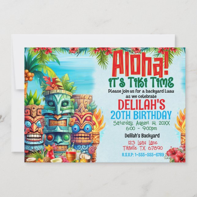 Aloha Luau Tiki  Birthday Party  Invitation (Front)