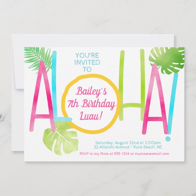 Aloha Luau Tropical Colourful Girly Birthday Invitation (Front)