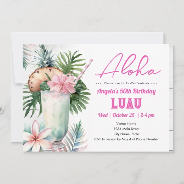 Aloha Luau Tropical Drink 50th Birthday Invitation (Front)