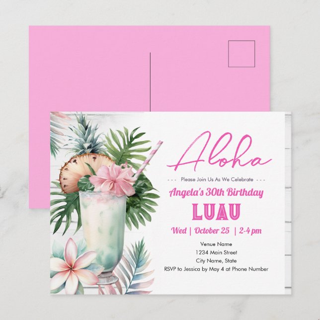 Aloha Luau Tropical Drink Adult Birthday Postcard (Front/Back)