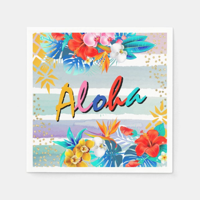 Aloha Luau Tropical Floral Glitter Party Napkin (Front)