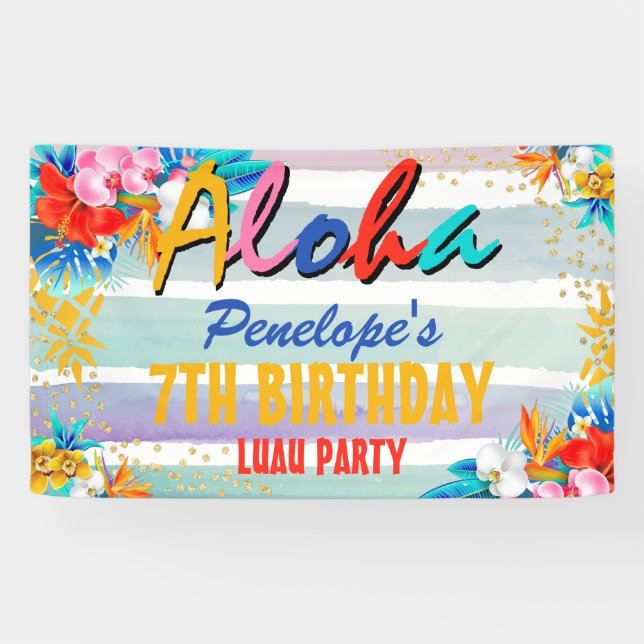 Aloha Luau Tropical Glitter Birthday Party Banner (Horizontal)