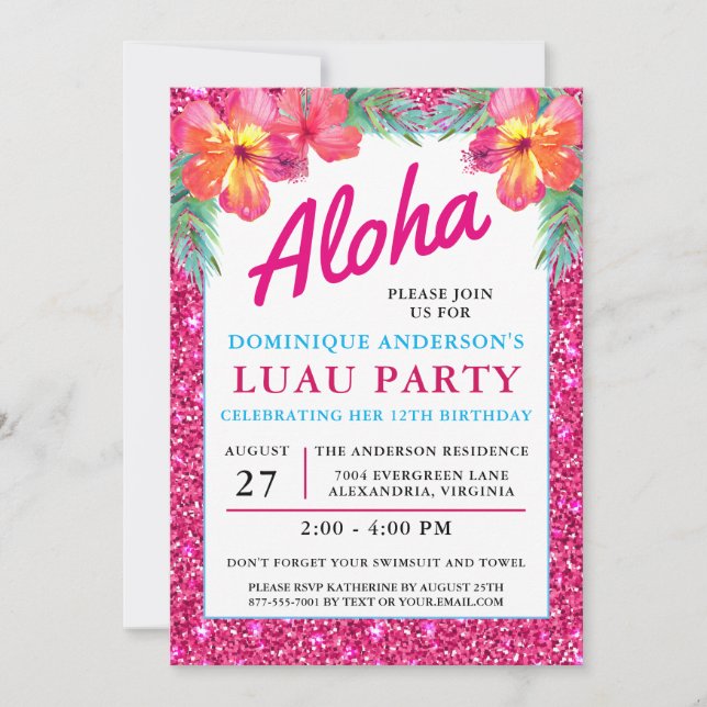 Aloha Luau Tropical Hawaiian Pink Glitter Invitation (Front)