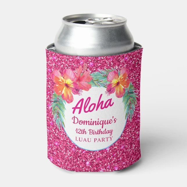 Aloha Luau Tropical Hibiscus Pink Glitter Party Can Cooler (Can Front)