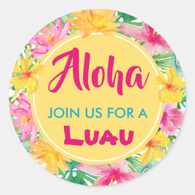 Aloha Luau Tropical Hibiscus Yellow Classic Round Sticker (Front)