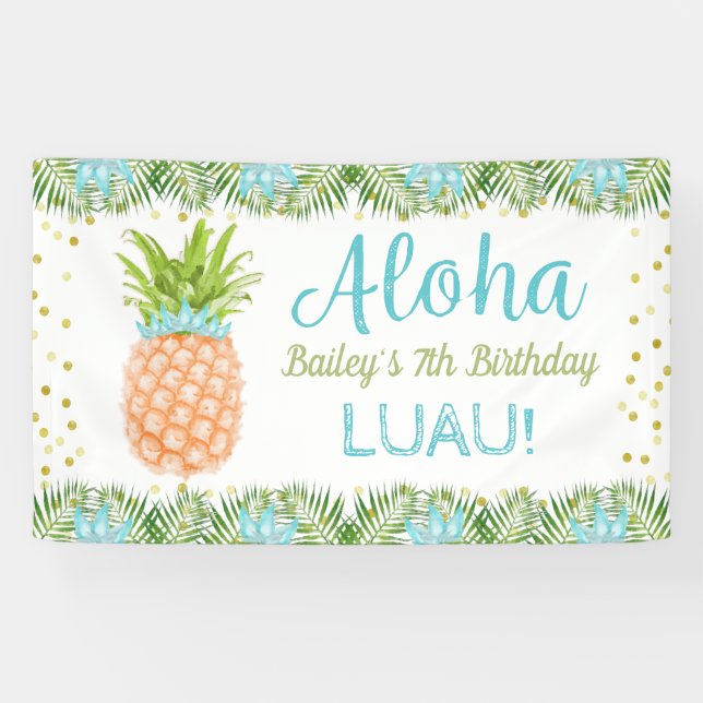 Aloha Luau Tropical Pineapple Blue Gold Birthday Banner (Horizontal)