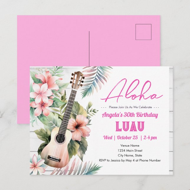 Aloha Luau ukulele Adult Birthday Postcard (Front/Back)
