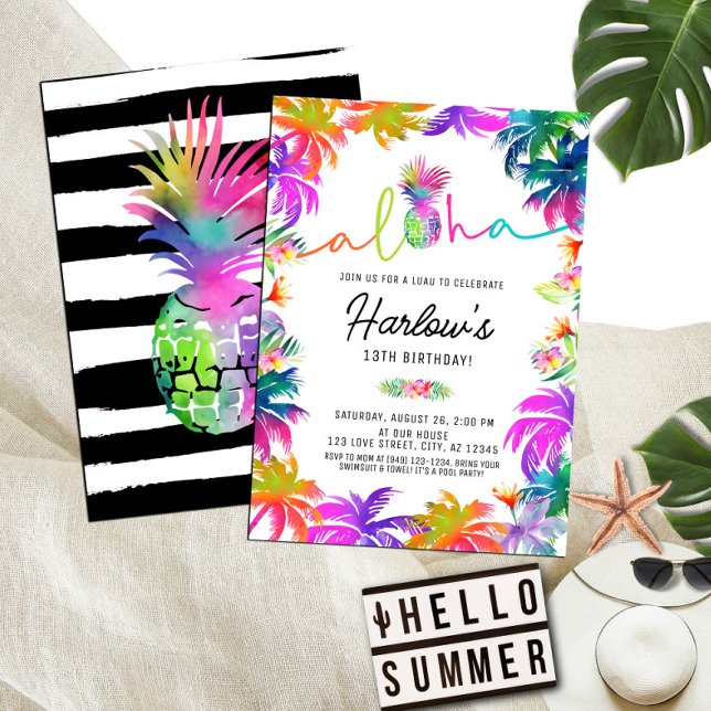 Aloha Neon Tropical Luau Summer Fun Birthday Invitation (Creator Uploaded)