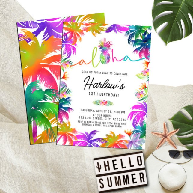 Aloha Neon Tropical Luau Summer Fun Birthday Invitation (Creator Uploaded)