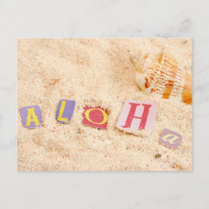 Aloha on a sandy beach with seashells postcard