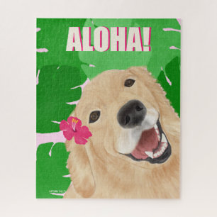 Aloha Palm Leaves Golden Retriever Jigsaw Puzzle