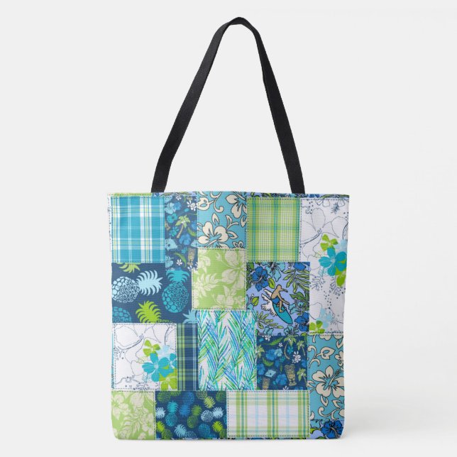 Aloha Patchwork Hawaiian Beach Bag - Teal (Front)