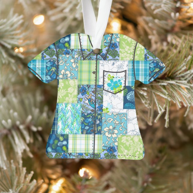 Aloha Patchwork Hawaiian Tropical Aloha Shirt-Turq Ornament (Tree)