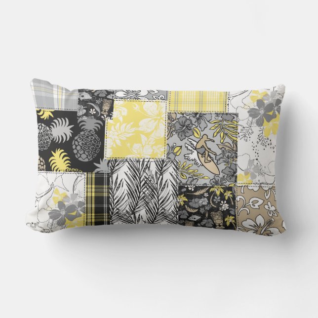 Aloha Patchwork Hawaiian Tropical Prints - Neutral Lumbar Cushion (Front)