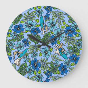 Aloha Patchwork Hawaiian Tropical Prints- Teal Large Clock