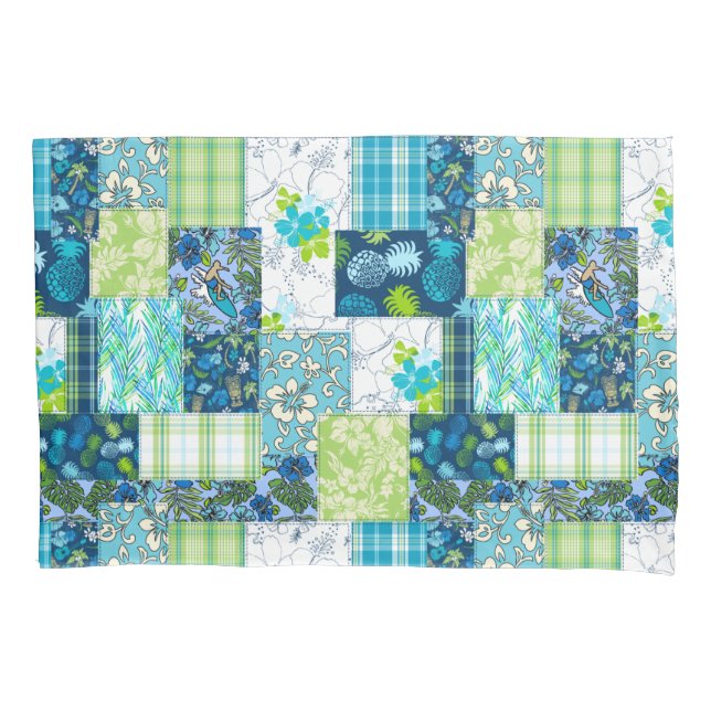 Aloha Patchwork Hawaiian Tropical Prints - Teal Pillowcase (Front)