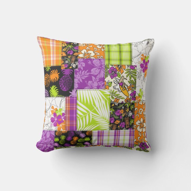 Aloha Patchwork Hawaiian Tropical Prints - Violet Cushion (Front)