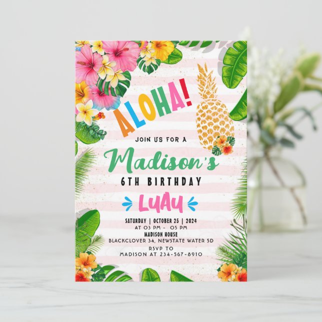 Aloha Pineapple 6th Birthday Party Invitation (Standing Front)