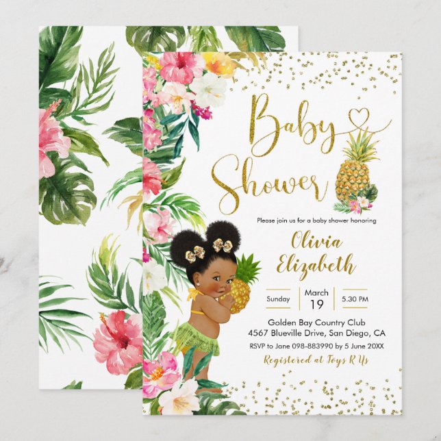 Aloha Pineapple African Afro Girl Baby Shower Invitation (Front/Back)