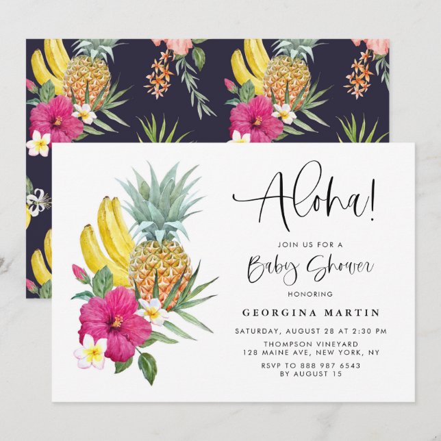 Aloha Pineapple and Hibiscus Tropical Baby Shower Invitation (Front/Back)