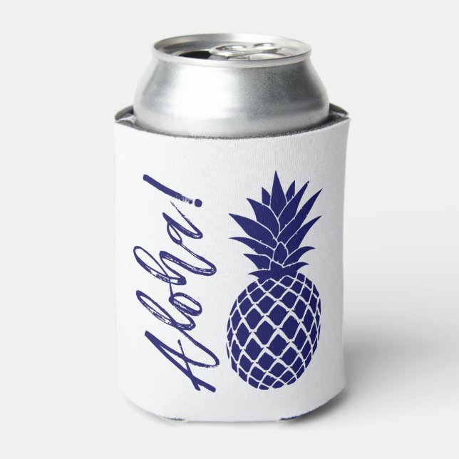 Aloha Pineapple Beach Party Luau | navy white Can Cooler (Can Front)