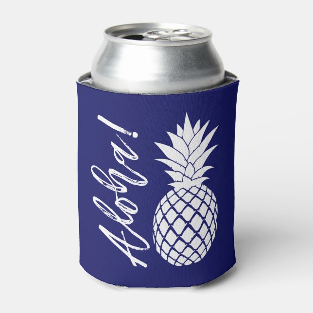 Aloha Pineapple Beach Party Luau | navy white Can Cooler (Can Front)