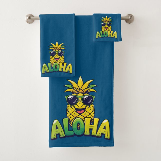 Aloha Pineapple Collection Teal Bathroom Towel Set (Insitu)