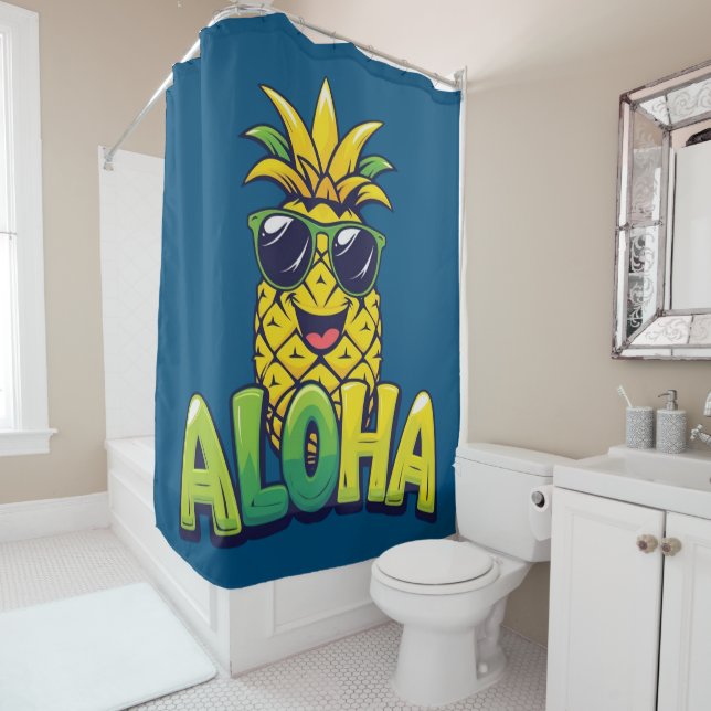 Aloha Pineapple Collection Teal Shower Curtain (In Situ)