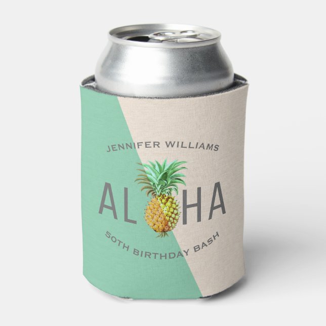 Aloha Pineapple, Linen Texture 50th Birthday Bash Can Cooler (Can Front)