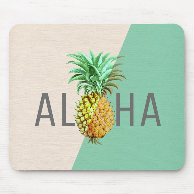 Aloha Pineapple, Linen Texture Beige & Green Mouse Mat (Front)