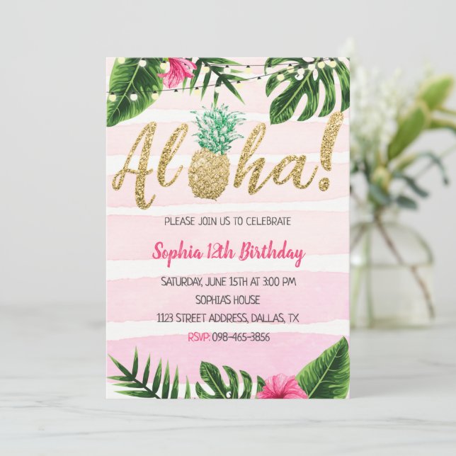 Aloha Pineapple Pink Birthday Invitation (Standing Front)