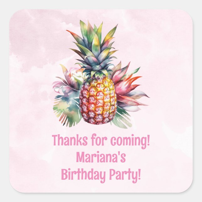 Aloha Pineapple Summer Birthday Party Favour Square Sticker (Front)