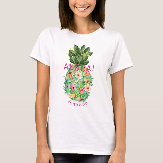 Aloha Pineapple Tropical Floral Personalised Name T-Shirt (Front)
