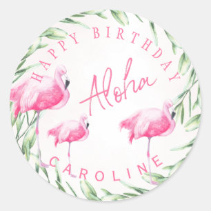 Aloha pink flamingos tropical happy birthday classic round sticker