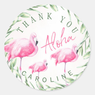 Aloha pink flamingos tropical wreath thank you classic round sticker