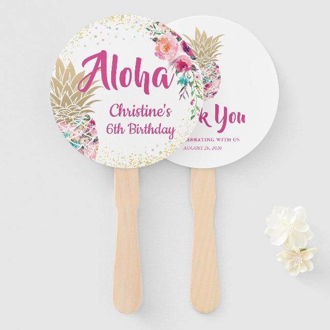 Aloha Pink Gold Pineapple Birthday Favour Hand Fan (Front and Back)