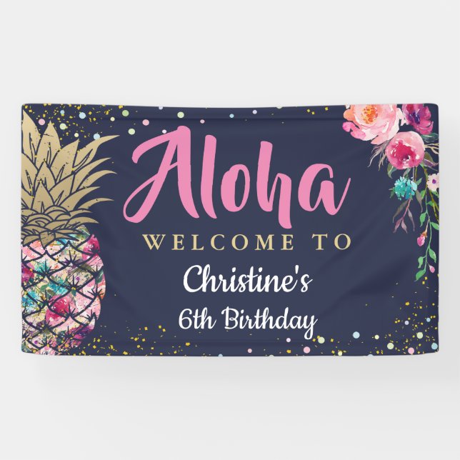 Aloha Pink Gold Pineapple Navy Blue Birthday Party Banner (Horizontal)